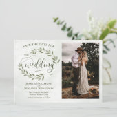 Sage & Olive Green Leaves & Photo Rustic Wedding Save The Date (Staand voorkant)