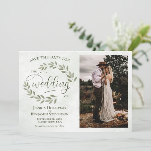 Sage & Olive Green Leaves & Photo Rustic Wedding Save The Date (Staand voorkant)