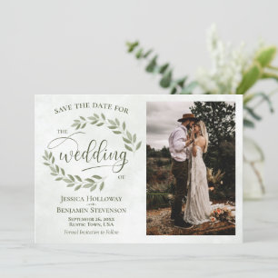 Sage & Olive Green Leaves & Photo Rustic Wedding Save The Date