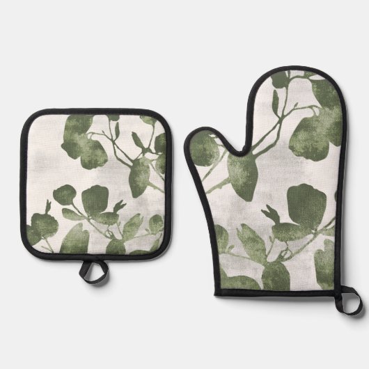 Sage Olive Green Painterly Botanical Art 02 Ovenwant & Pannenlap Set (Voorkant)