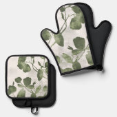 Sage Olive Green Painterly Botanical Art 02 Ovenwant & Pannenlap Set (Voorkant / Achterkant)