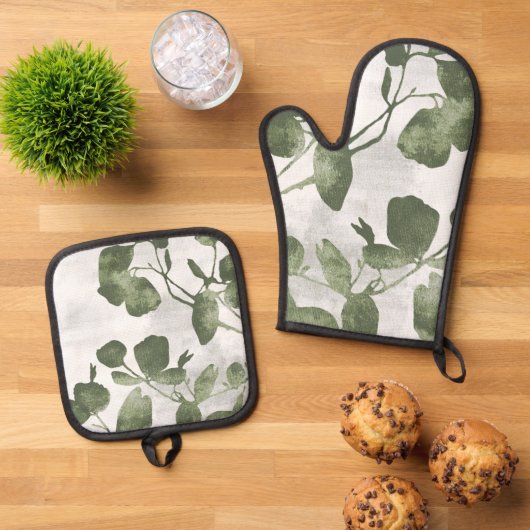 Sage Olive Green Painterly Botanical Art 02 Ovenwant & Pannenlap Set (Top down)