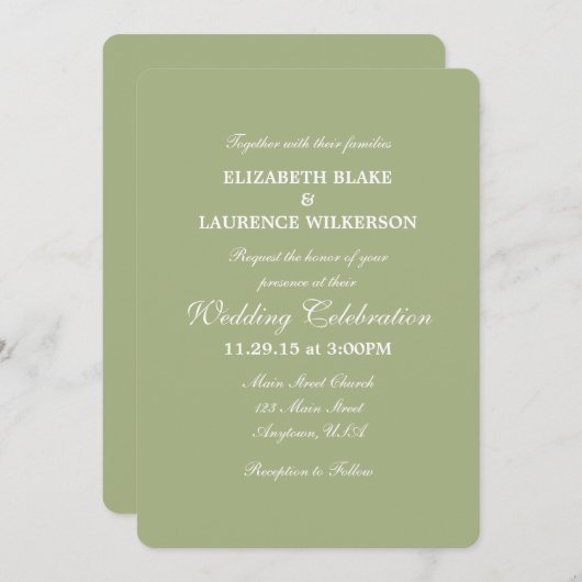 Sage Olive Green Plain Simple Wedding Invitation Kaart (Voorkant / Achterkant)