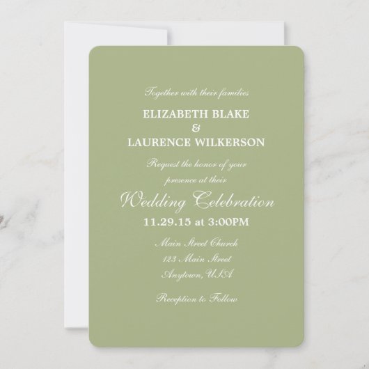 Sage Olive Green Plain Simple Wedding Invitation Kaart (Voorkant)