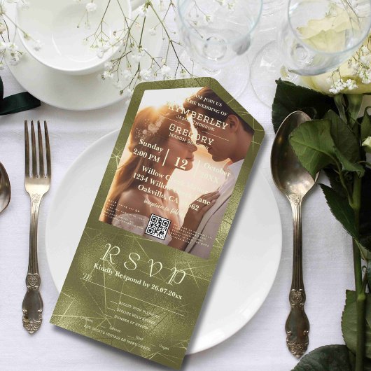 Sage Olive Green Shimmer Lines Foto QR Code All In One Uitnodiging