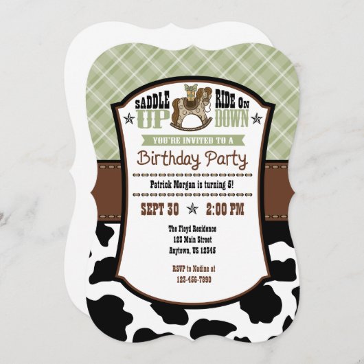 Sage Olive Pset Koeienhuid Cowboy Birthday Invite Kaart (Voorkant / Achterkant)