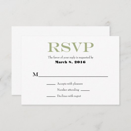 Sage Olive White Plain Simple Weddenschap RSVP-kaa RSVP Kaartje (Voorkant / Achterkant)