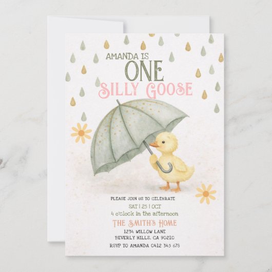 Sage One Silly Goose Eerste Verjaardagsuitnodiging Kaart (Voorkant)