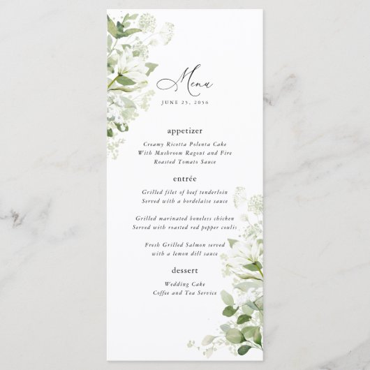 Sage Organic Greenery Wedding Reception Dinner Menu (Voorkant)