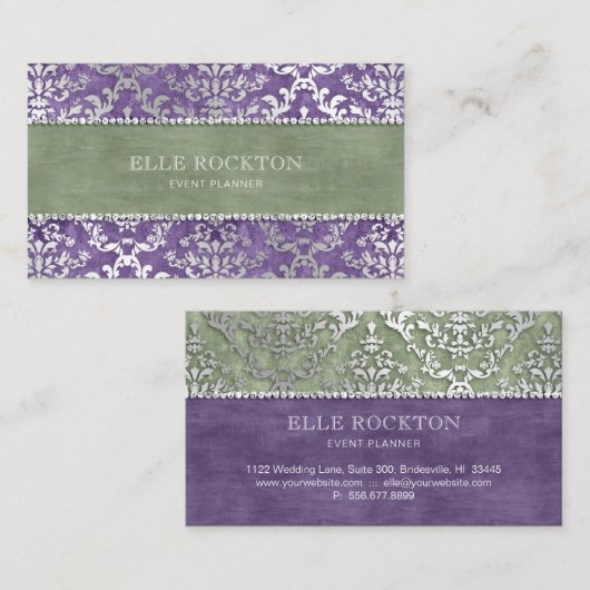 Sage Paars Glimmer Damask Silver Visitekaartje (Voorkant / Achterkant)