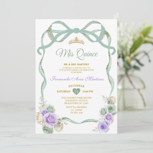 Sage Paarse Bloemen Boog Ribbon Goud Meisje Mis Qu Kaart (Staand voorkant)