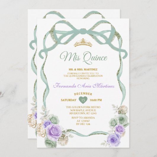 Sage Paarse Bloemen Boog Ribbon Goud Meisje Mis Qu Kaart (Voorkant / Achterkant)