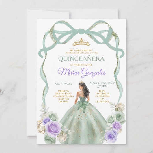 Sage Paarse Bow Princess Gold Crown Quinceañera Kaart (Voorkant)