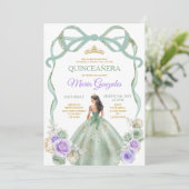 Sage Paarse Bow Princess Gold Crown Quinceañera Kaart (Staand voorkant)