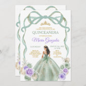 Sage Paarse Bow Princess Gold Crown Quinceañera Kaart (Voorkant / Achterkant)