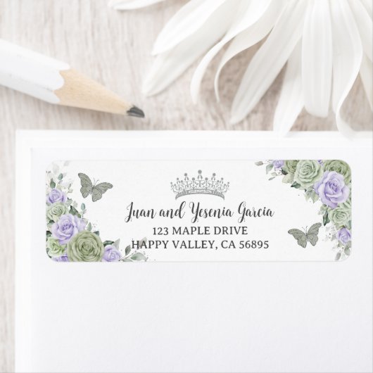Sage Paarse Roos Bloemen Quinceanera Retouradres Etiket (Insitu)
