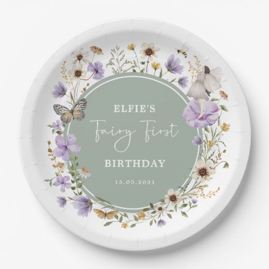 Sage Paarse Wildflower Fairy Birthday Tea Party Papieren Bordje (Voorkant)
