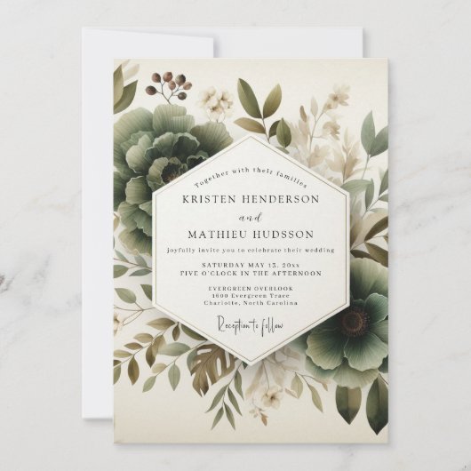 Sage Painterly Flora Wedding Kaart (Voorkant)