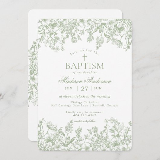 Sage Pastel Chinoiserie Bloemendoop Kaart (Voorkant / Achterkant)