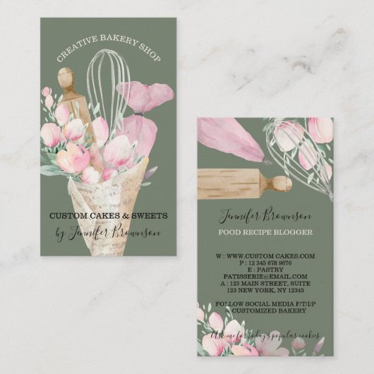 Sage Pastry Chef Pink Flowers Boho Baker Visitekaartje (Voorkant / Achterkant)
