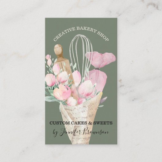 Sage Pastry Chef Pink Flowers Boho Baker Visitekaartje (Voorkant)