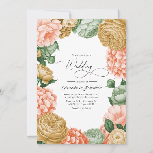 Sage, Peach & Antique Gold Floral Wedding Kaart (Voorkant)