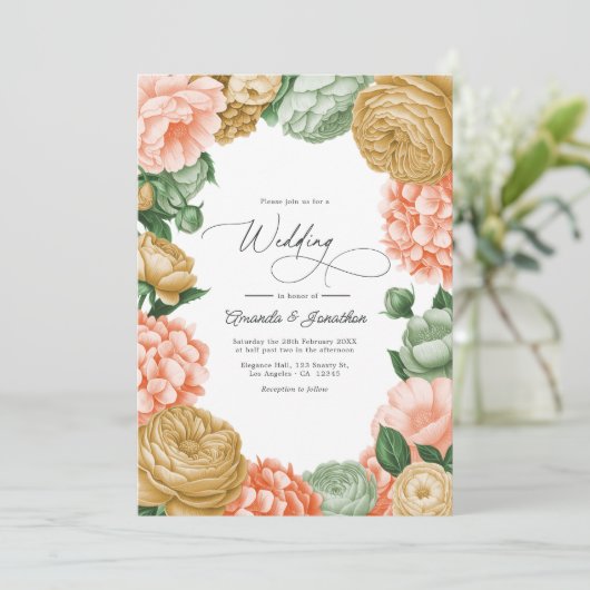 Sage, Peach & Antique Gold Floral Wedding Kaart (Staand voorkant)