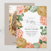 Sage, Peach & Antique Gold Floral Wedding Kaart (Voorkant / Achterkant)