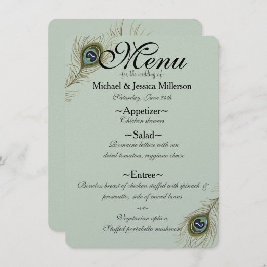 Sage Peacock Feather Bruiloft Menu (Voorkant / Achterkant)