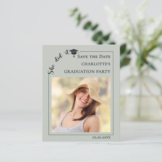 Sage Photo Graduation Party Save the Date card (Staand voorkant)