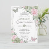 Sage Pink Floral Butterflies Silver Quinceanera Kaart (Staand voorkant)