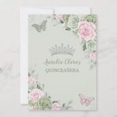 Sage Pink Floral Butterflies Silver Quinceanera Kaart (Achterkant)