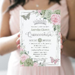 Sage Pink Floral Butterflies Silver Quinceanera Kaart<br><div class="desc">Deze chic Quinceañera-uitnodiging is voorzien van een zilveren glitter geometrisch lijst, geadorbeerd door een delicaat waterverf-groen, bleek roze floraal, zacht grijs en sage en zilvervlinders. Pas het met uw details gemakkelijk en snel aan, druk eenvoudig de pas het knoop aan om de stijl en de plaatsing van de tekst verder...</div>