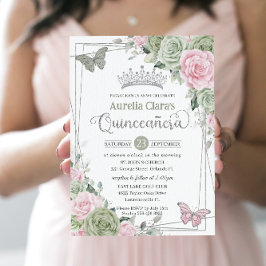 Sage Pink Floral Butterflies Silver Quinceanera Kaart