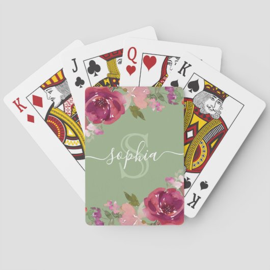Sage Pink Floral Monogramed Script Name Pokerkaarten (Achterkant)