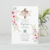 Sage Pink Waterverf Floral Baptism Uitnodigingen (Staand voorkant)