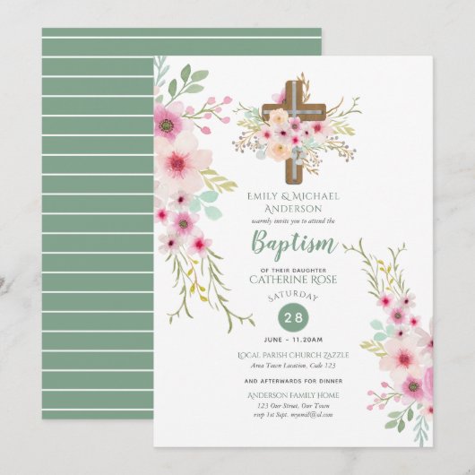Sage Pink Waterverf Floral Baptism Uitnodigingen (Voorkant / Achterkant)