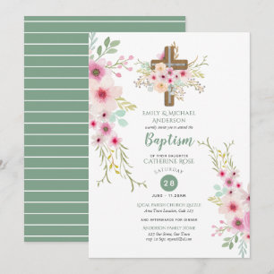 Sage Pink Waterverf Floral Baptism Uitnodigingen
