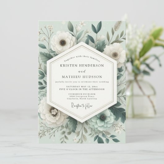 Sage Poetic Anemone Wedding Kaart (Staand voorkant)