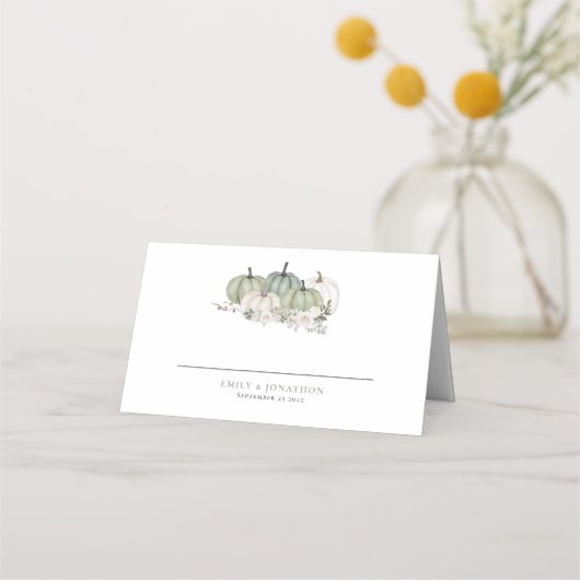 Sage Pumpkins Autumn Florals Names Date Wedding Plaatskaartje (Voorkant)