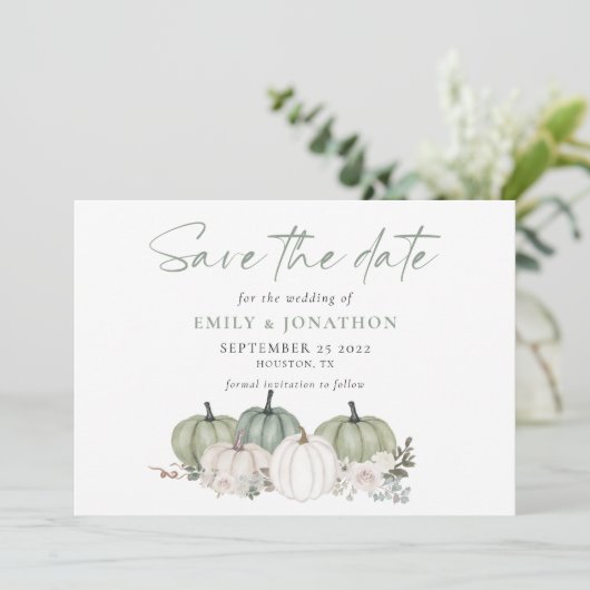 Sage Pumpkins Autumnal Florals QR Code Wedding Sav Save The Date (Staand voorkant)