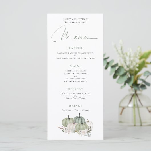 Sage Pumpkins Cream Florals Wedding Menu (Staand voorkant)