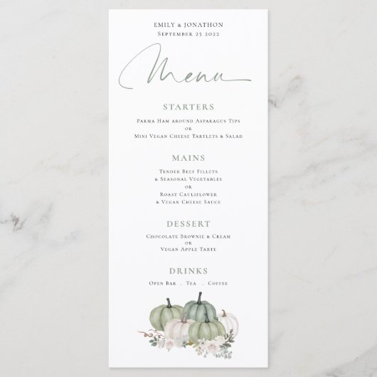 Sage Pumpkins Cream Florals Wedding Menu (Voorkant)