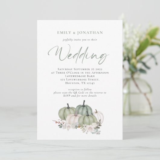 Sage Pumpkins Floral QR Code Weddenschap Kaart (Staand voorkant)