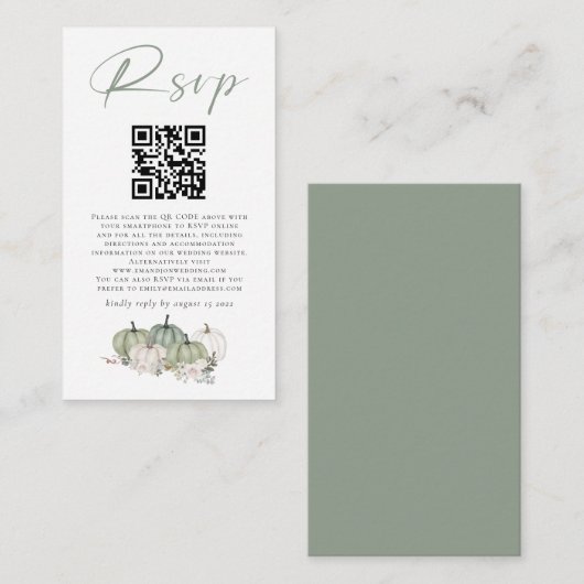 Sage Pumpkins Florals QR Code Weddenschap RSVP Informatiekaartje (Voorkant / Achterkant)