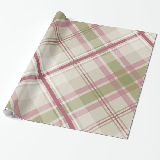 Sage raspberry crème diagonaal vlakpatroon cadeaupapier (Uitgerold)