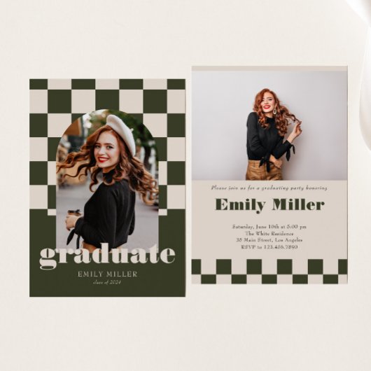 Sage Retro Checkered Arch Classic Photo Afstuderen Kaart
