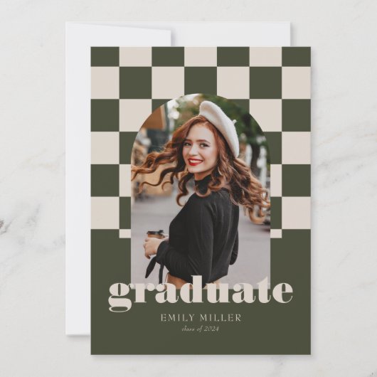 Sage Retro Checkered Arch Classic Photo Afstuderen Kaart (Voorkant)