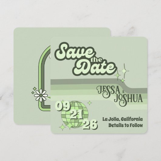 Sage Retro Funky Disco Wedding - Save the Date Kaart (Voorkant / Achterkant)