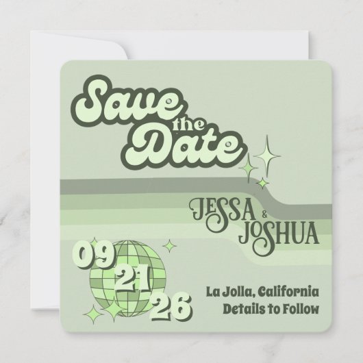 Sage Retro Funky Disco Wedding - Save the Date Kaart (Voorkant)